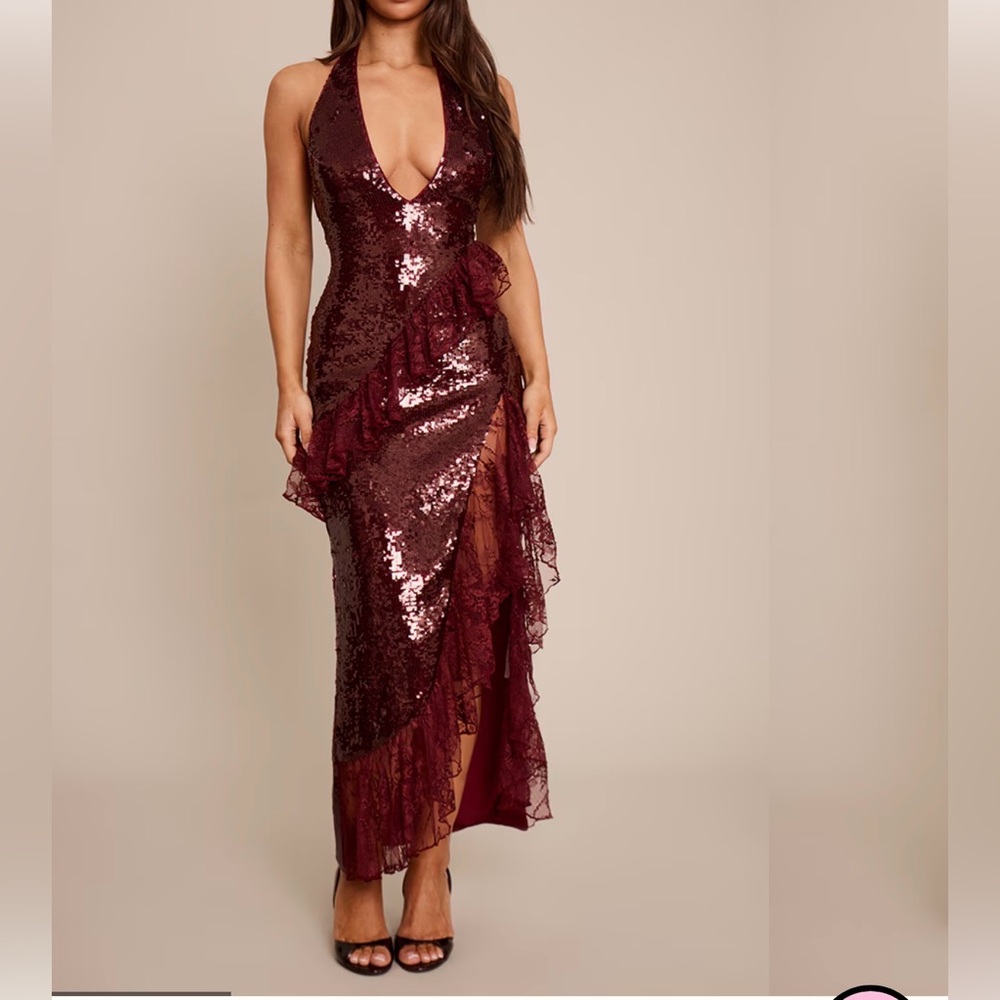 PrettyLittleThing Burgundy V Neck Frill Maxi Dress
